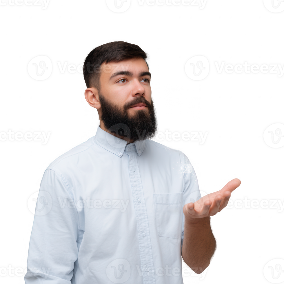 A thoughtful man with a beard, dressed in a light blue shirt, appears pondering as he gestures with his hand. Isolated on a white background. png