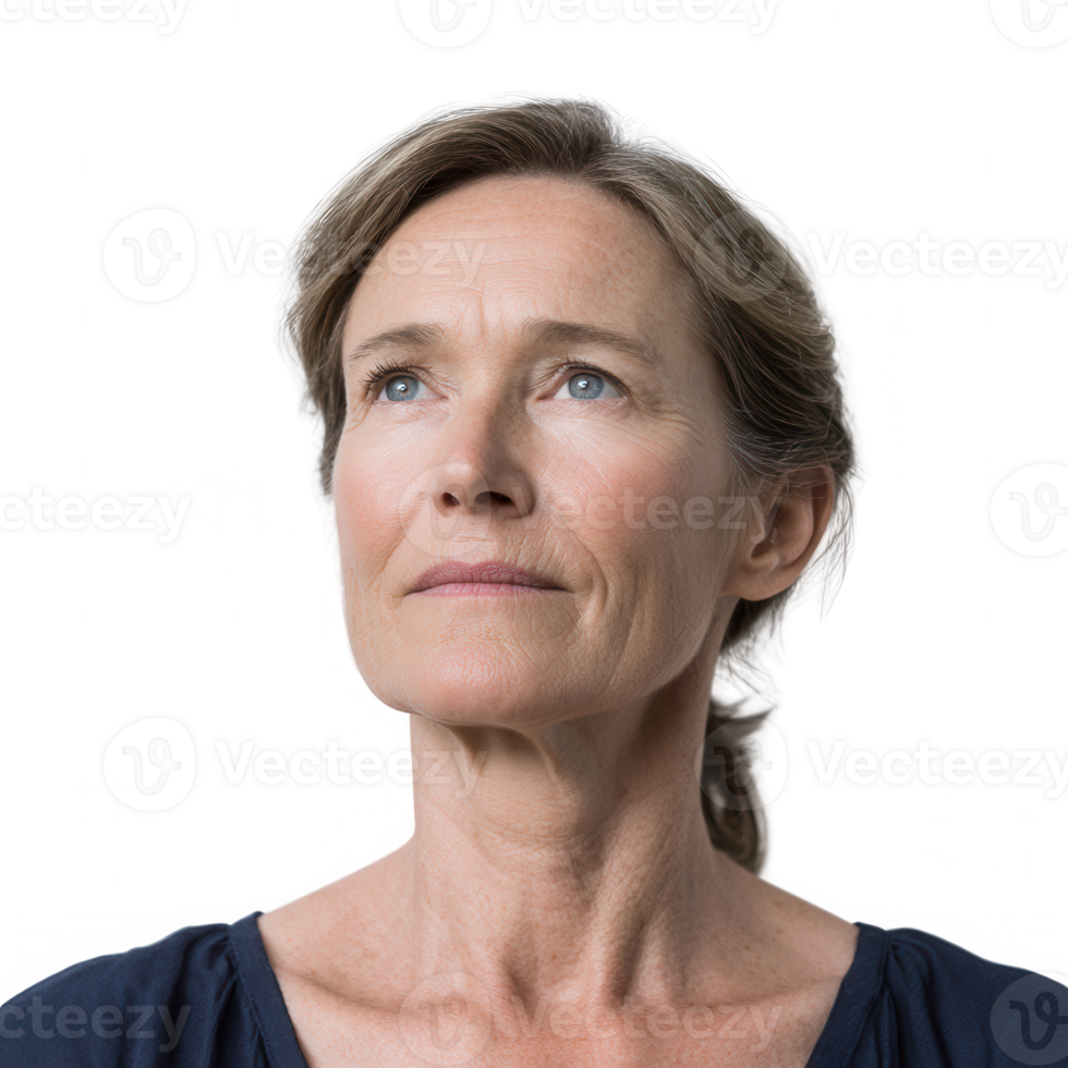 A thoughtful woman gazes upwards, reflecting on her thoughts and aspirations against a white isolated background. png
