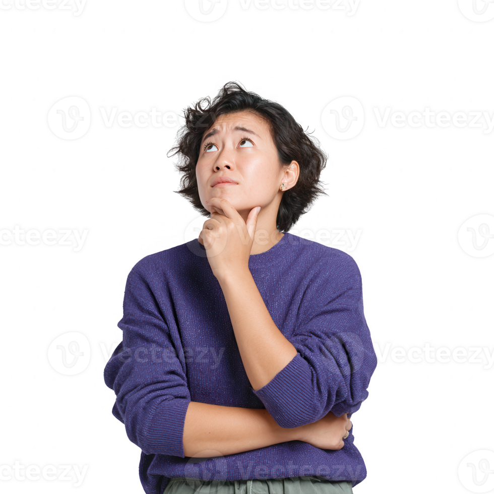 A thoughtful woman in a purple sweater, pondering with a hand on her chin. She's looking upwards, radiating curiosity and contemplation against a white isolated background. png