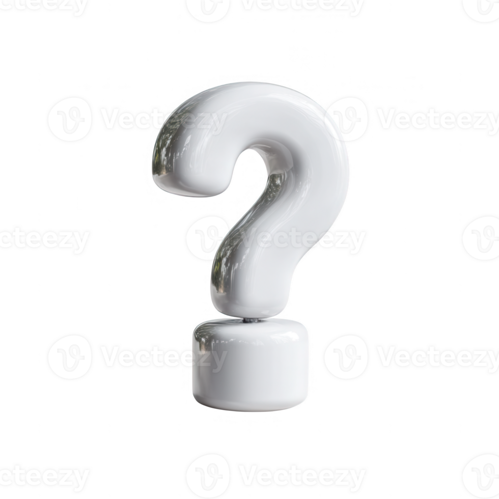A three-dimensional white question mark, symbolizing curiosity and inquiry, isolated on a white background. png