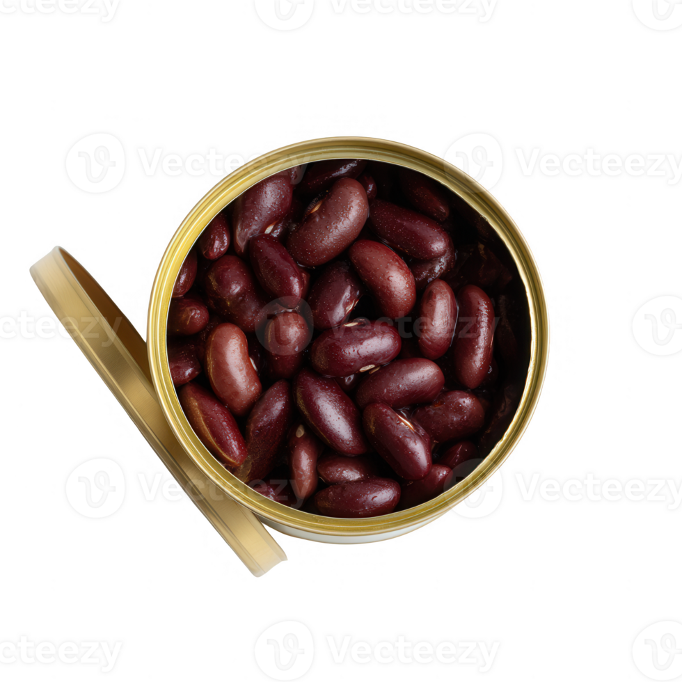A top view of a can filled with red kidney beans on a white isolated background. The can's lid is slightly open, showcasing the rich, glossy beans inside. png