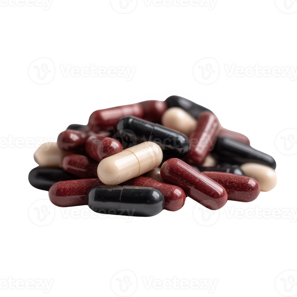 A variety of colorful capsules scattered on a white isolated background. Perfect for concepts related to health, medicine, or wellness. png