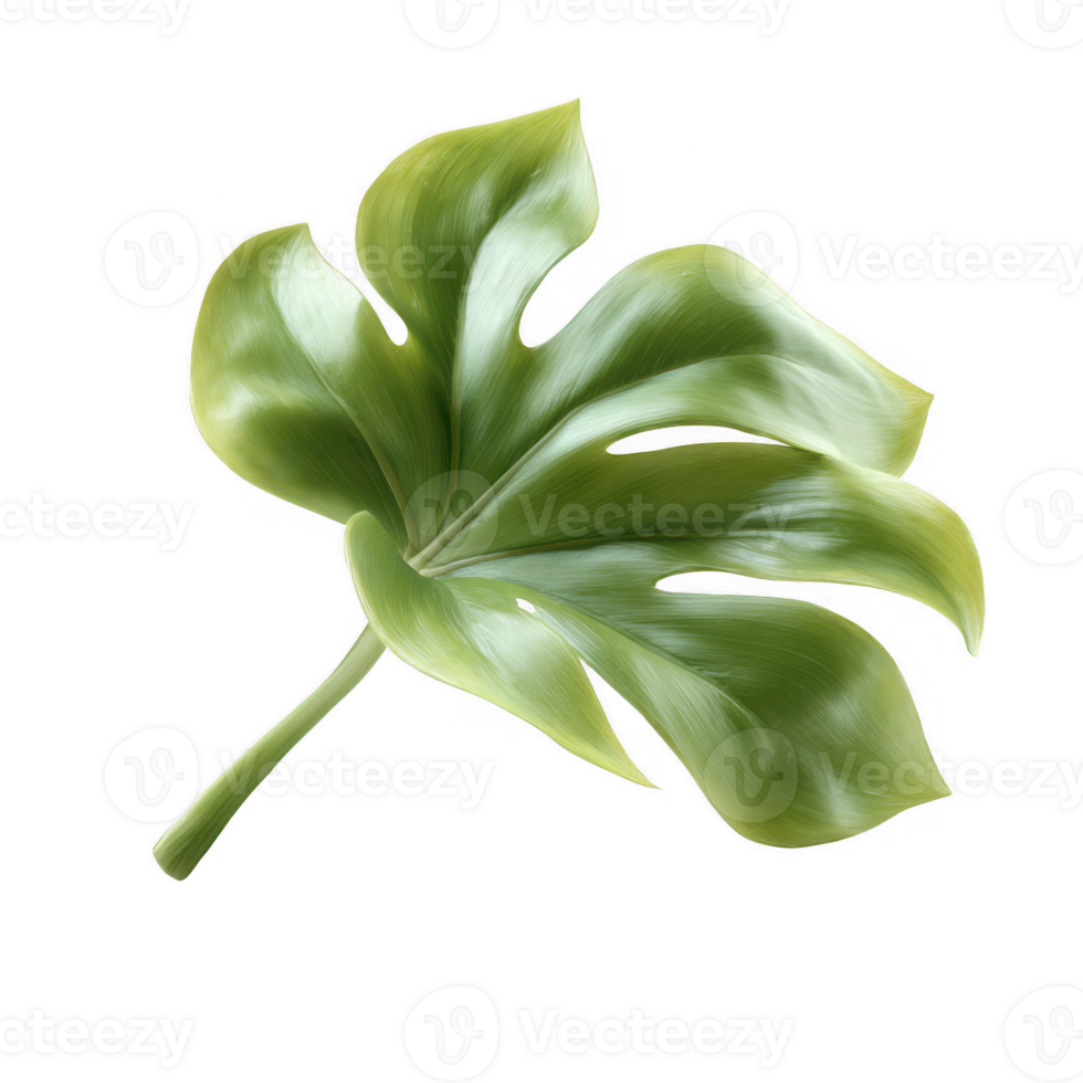 A vibrant green monstera leaf against a white isolated background, showcasing its unique, large, and perforated shape, perfect for botanical aesthetics and natural decor. png