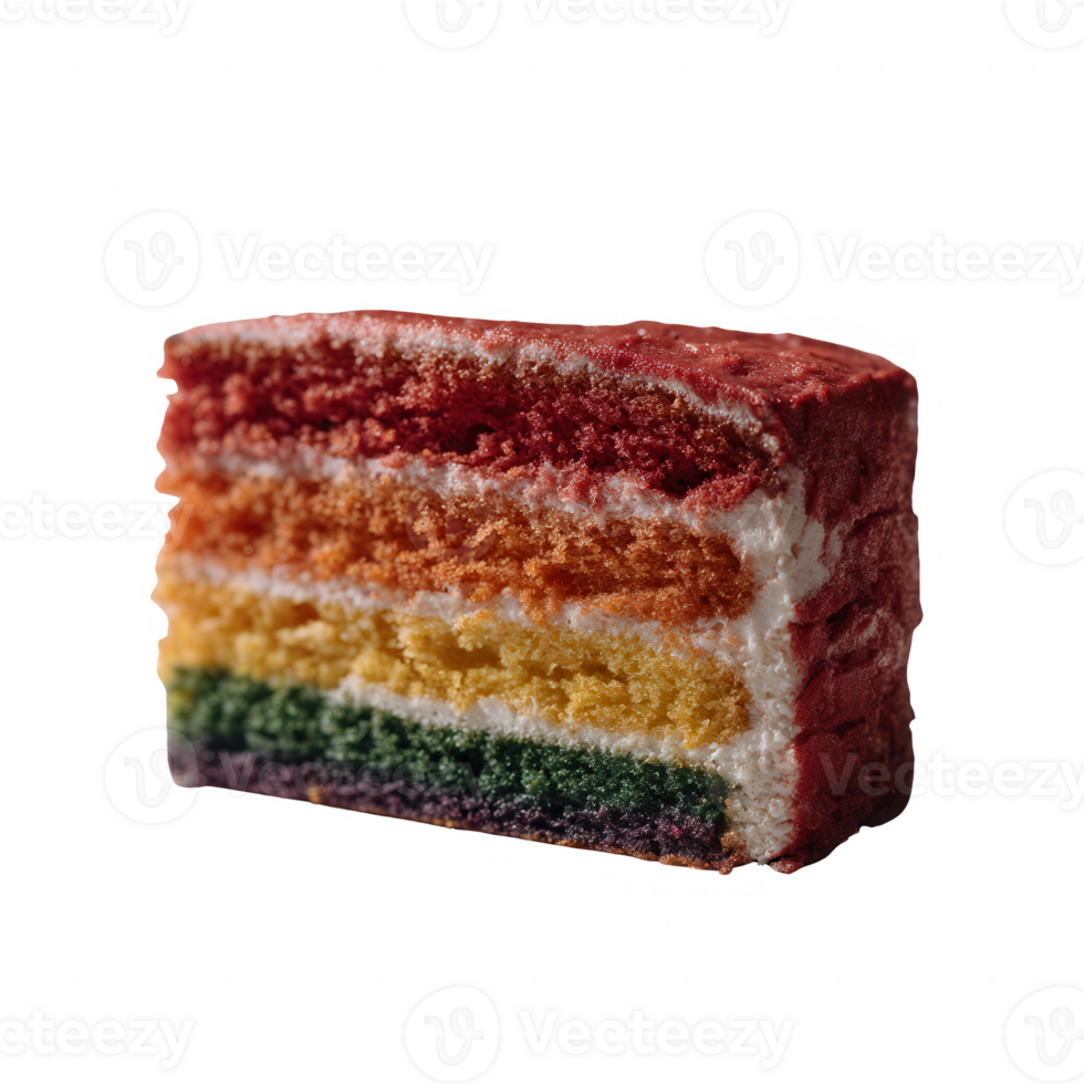 A vibrant, multi-layered rainbow cake with colorful layers of red, orange, yellow, green, and blue. Perfect for celebrations and special occasions against a white background. png