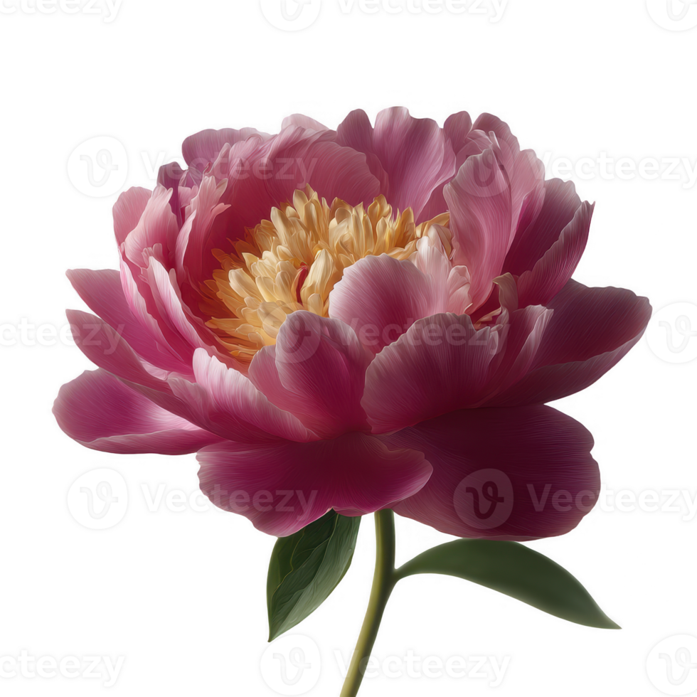 A vibrant peony bloom with lush pink petals and a golden center, elegantly displayed with green leaves, ideal for floral designs and nature-themed projects. png