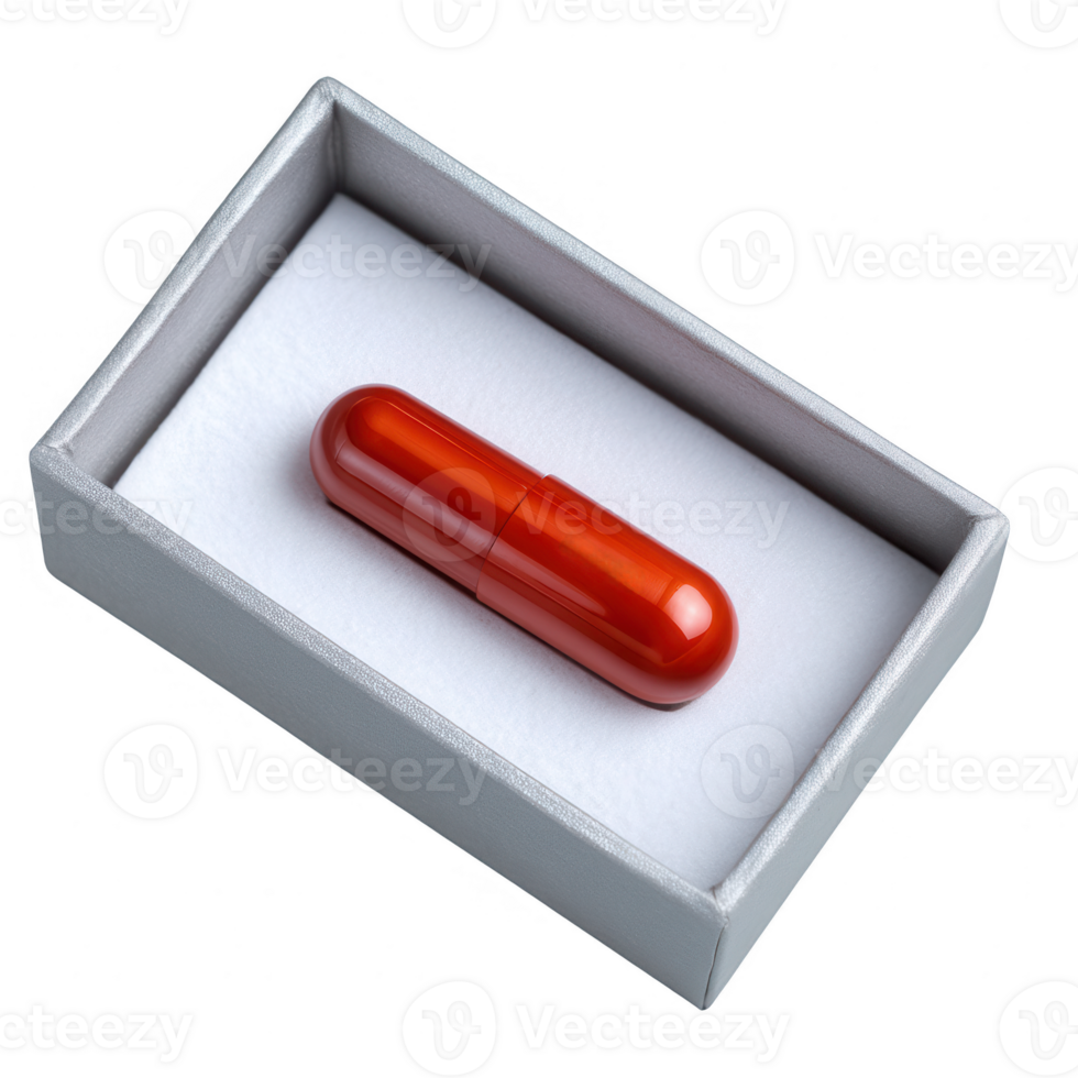 A vibrant red capsule placed inside a gray box, isolated on a white background, symbolizing medication and health care. png