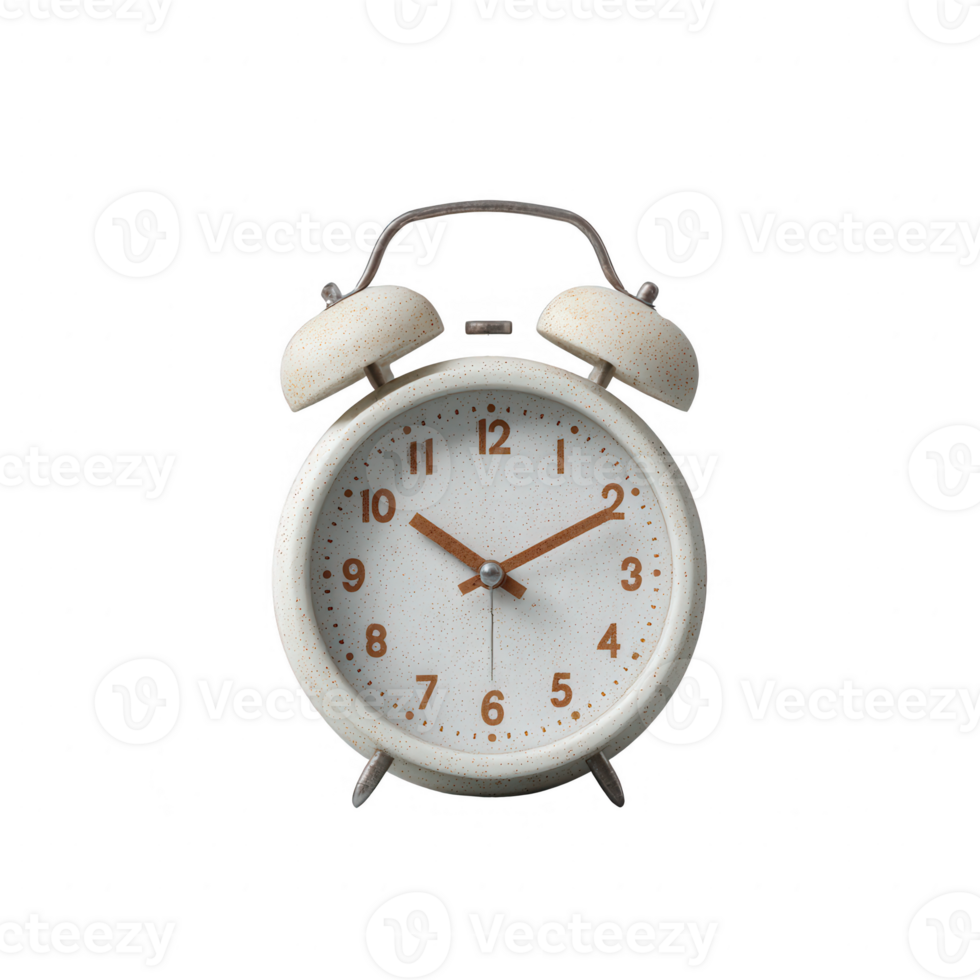 A vintage alarm clock with a white dial and brown accents, capturing the essence of nostalgia. Perfect for representing time management and daily routines. png