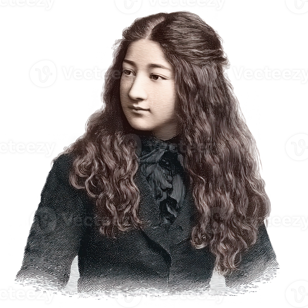 A vintage portrait of a young woman with long, wavy hair, wearing a dark coat and blouse. Captures the essence of historical fashion and beauty. png