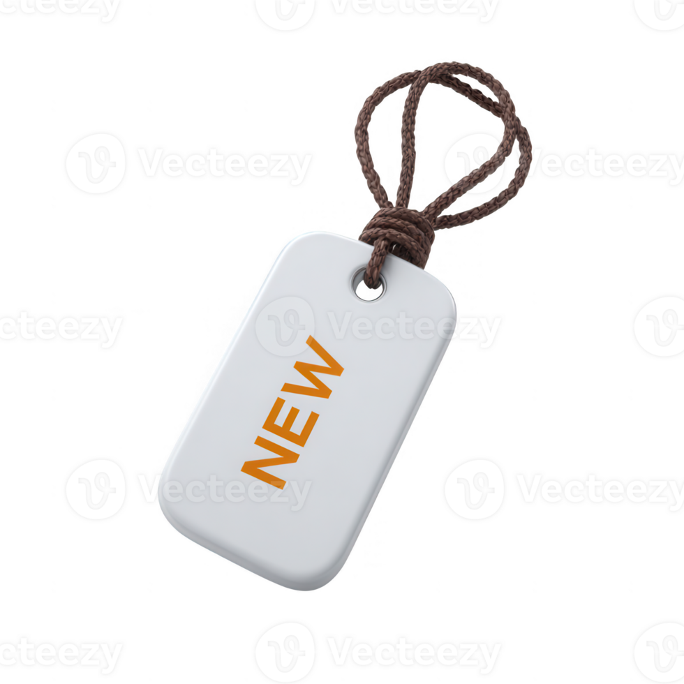 A white tag with a brown string featuring the word 'NEW' in bold orange letters, ideal for labeling new items or promotions against a clean, white background. png