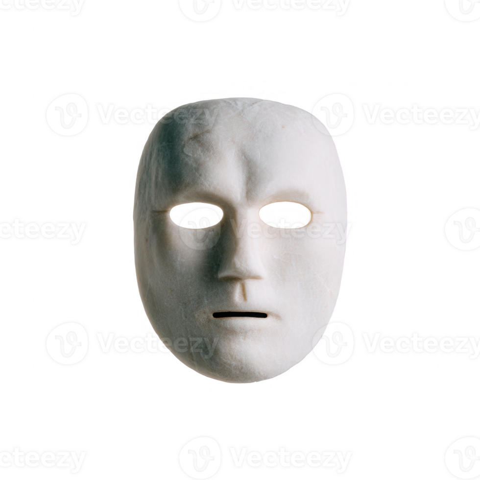 A white ceramic mask with hollow eyes and a neutral expression. Isolated against a white background, showcasing its smooth surface and simplistic design. png