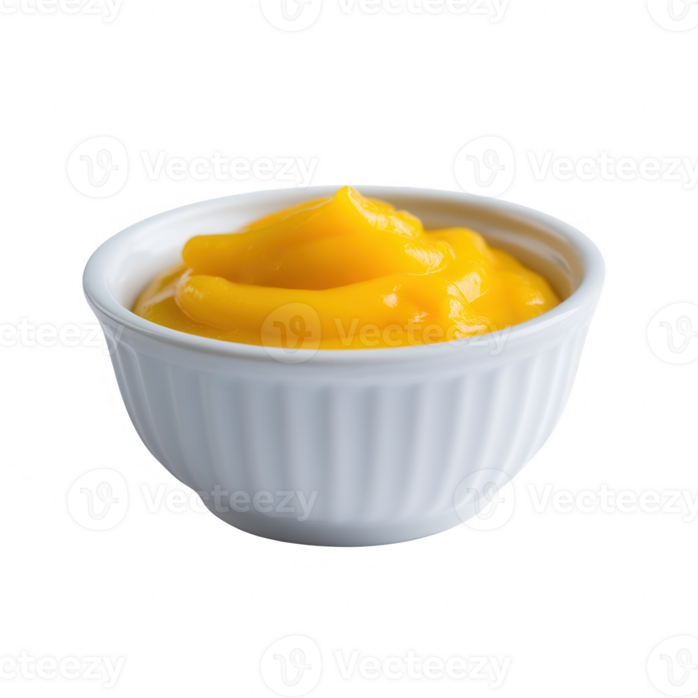 A white dish filled with creamy yellow sauce, showcasing a rich texture, perfect for enhancing various dishes or servings. png