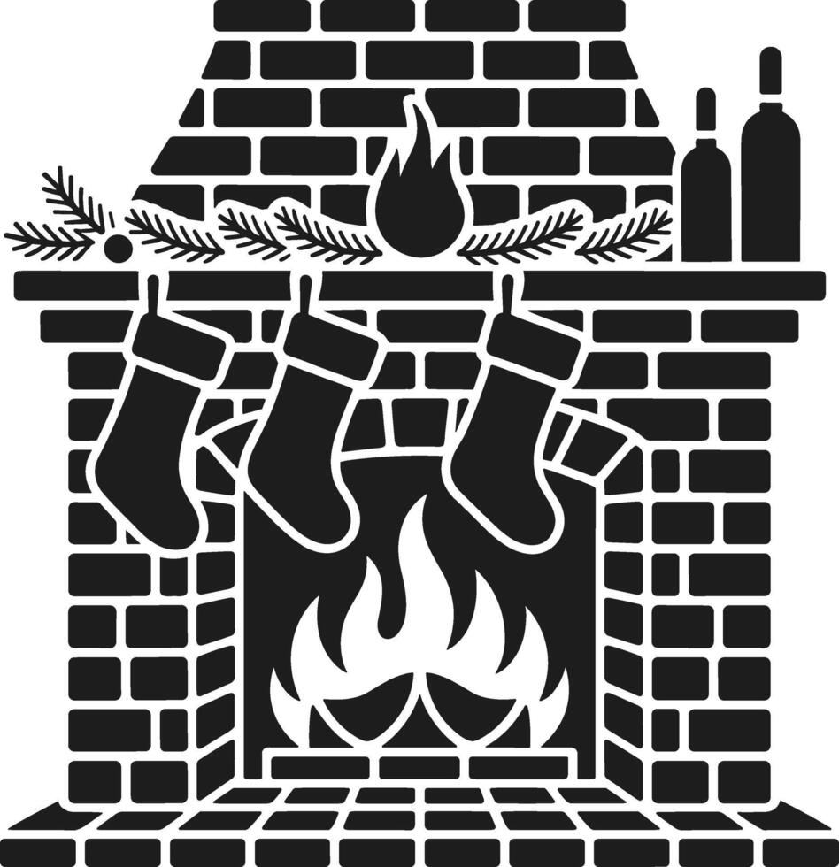 Traditional Brick Fireplace Silhouette with Hanging Stockings and Christmas Decor vector