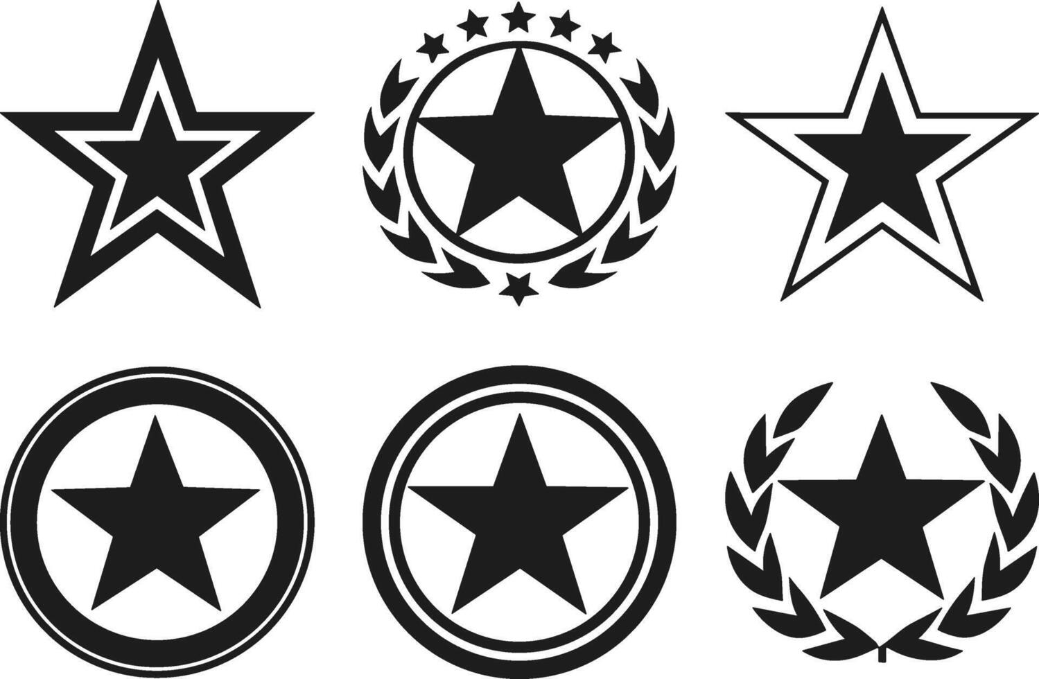 Set of Star Badge Silhouette Icons with Laurel and Circle Emblem Elements - Illustration vector