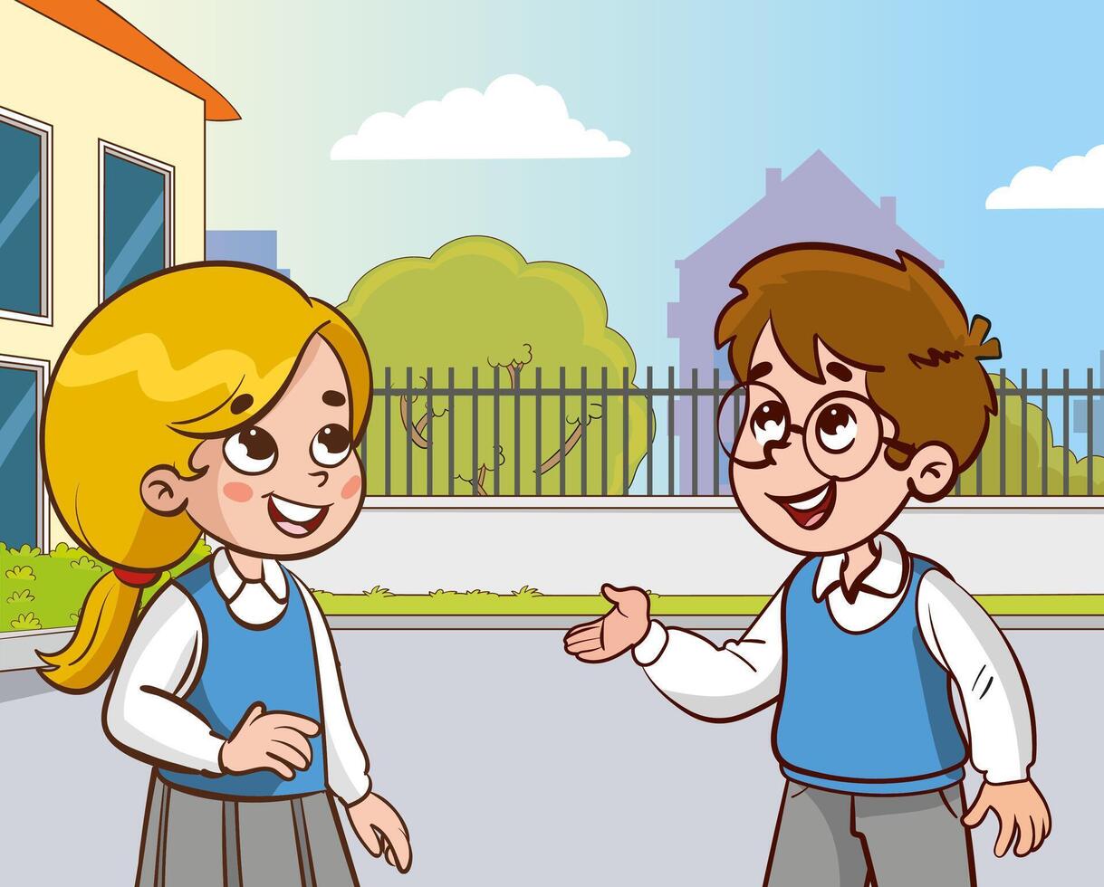 Children playing and talking outside school vector