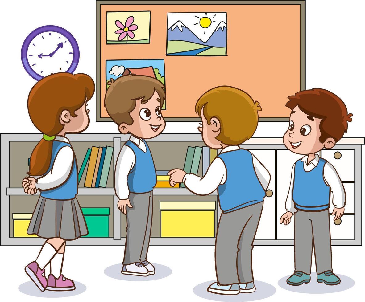 illustration of cute small group of students talking together vector