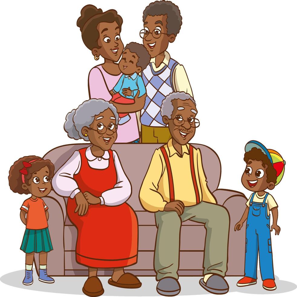 Portrait of big happy family of father, mother, grandfather, grandmother, children. Family character concept in cartoon style vector