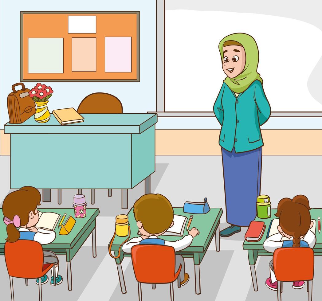 Classroom with students and muslim teacher. vector
