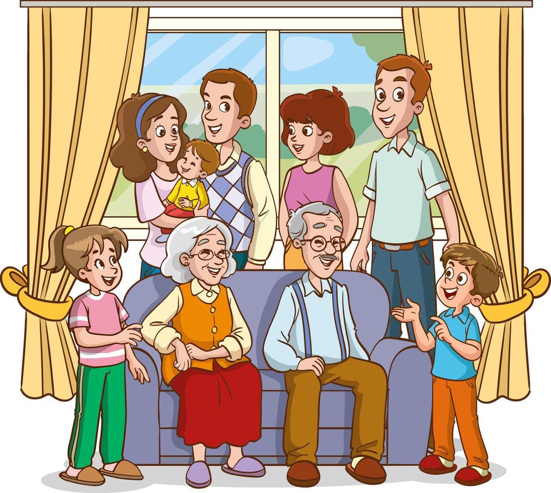 big family together illustration.Happy family sitting on couch together for portrait photography vector