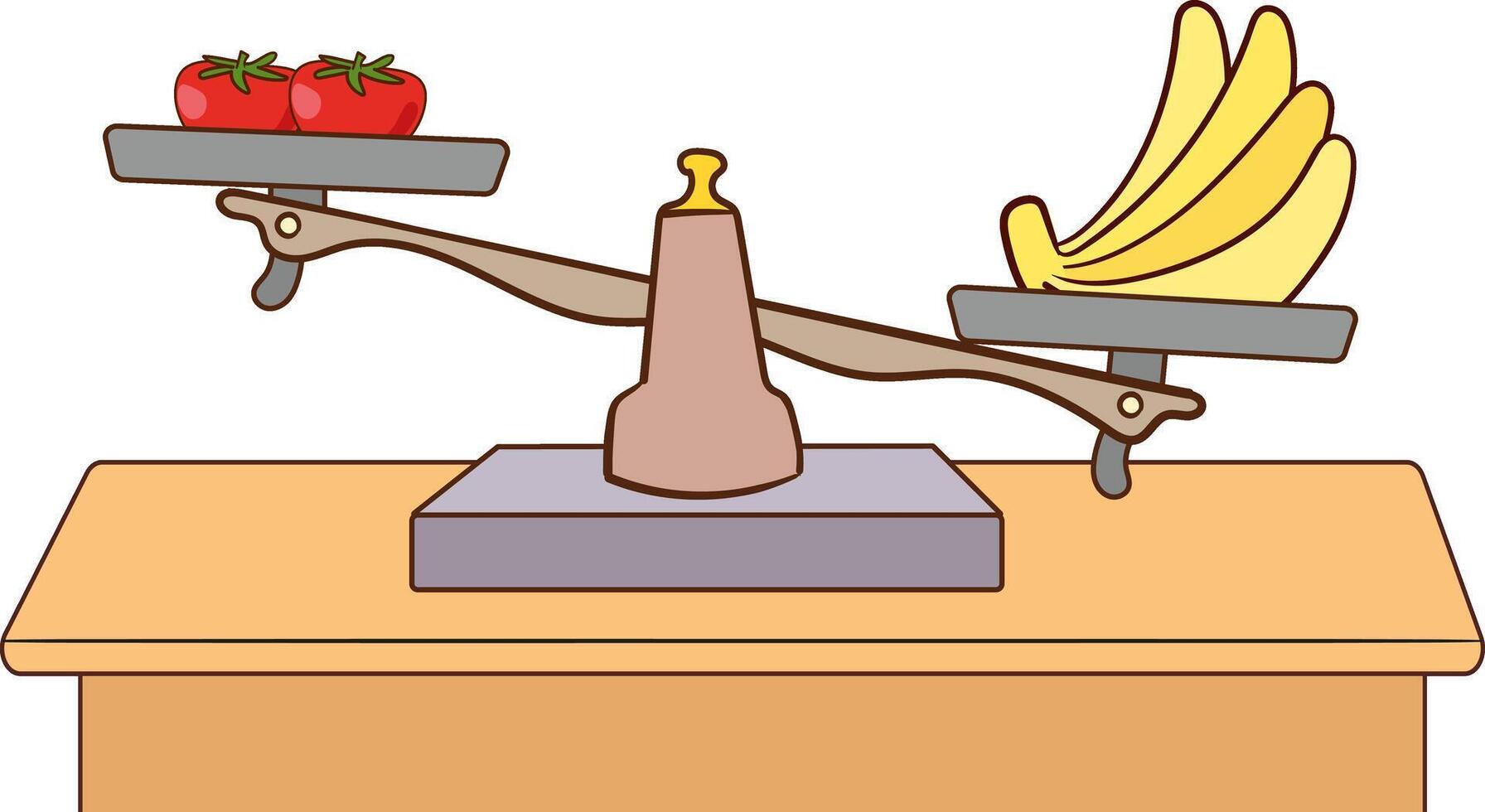 using a weighing scale to balance bananas and tomatoes vector