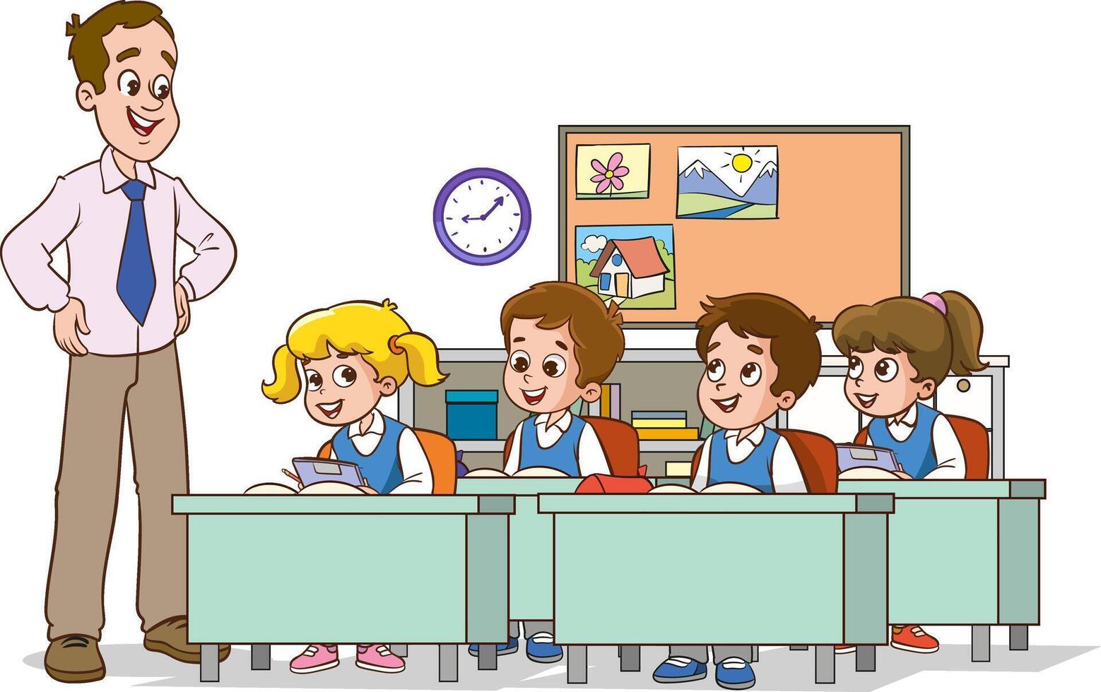 Classroom with students and teacher. Lesson vector