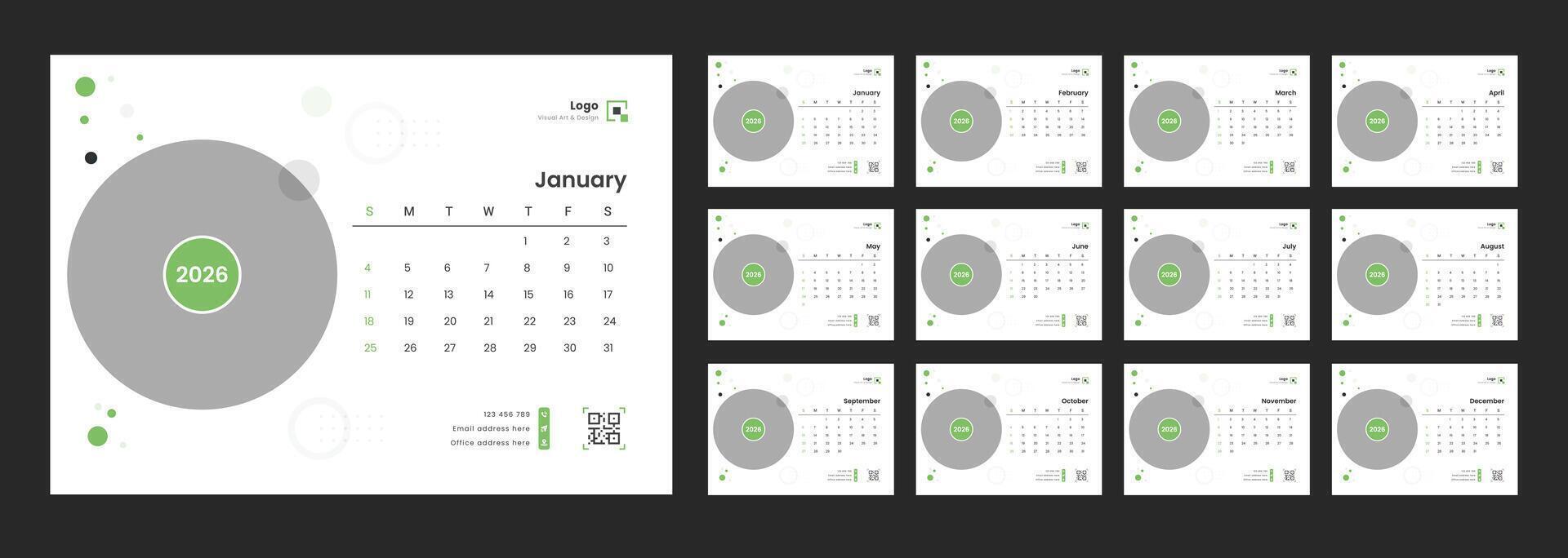 2026 Calendar Planner Set of Template Monthly Page. Desk calendar with week start Sunday for print. vector