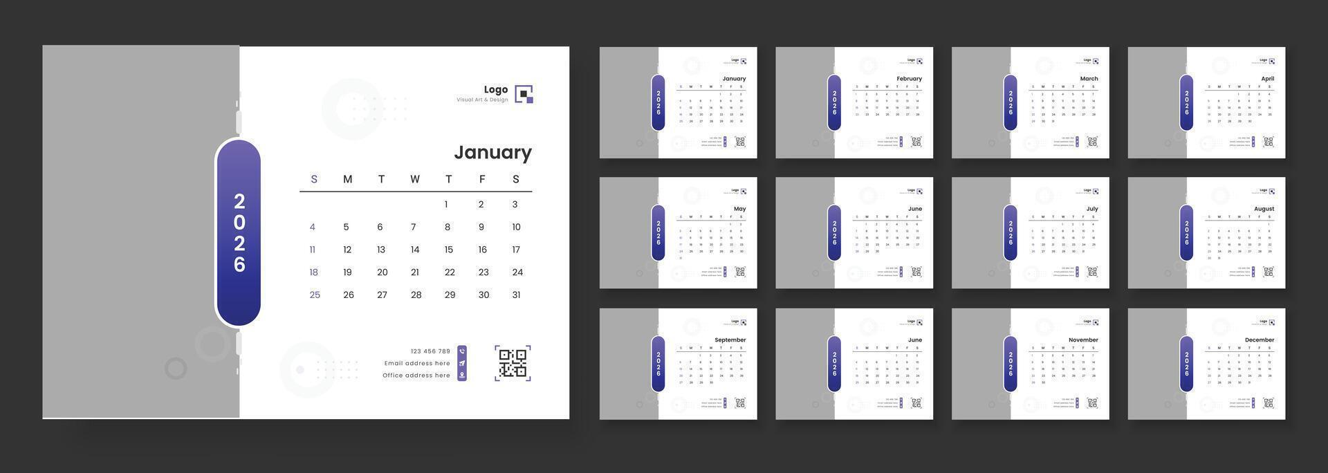 New Year 2026 table calendar. Desk Calendar 2026 template. Calendar template for 2026 with week start on Sunday. Planner simple, Stationery, printing media, . vector