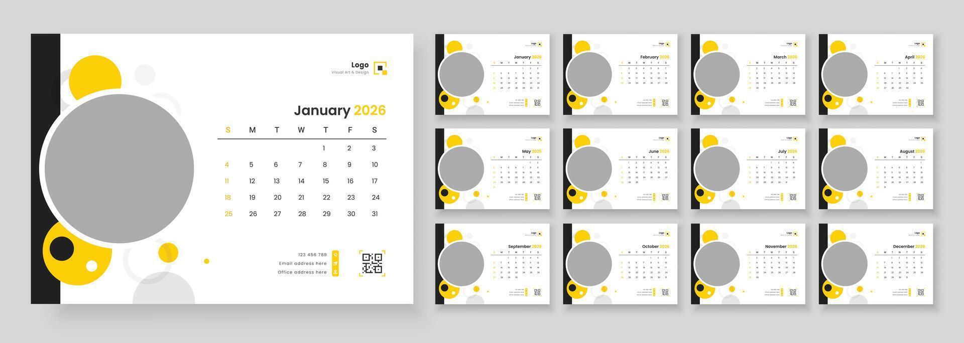 Desk Calendar Template 2026, New Year 2026 table calendar, Minimalist desk calendar 2026 template. Week start on Sunday. vector