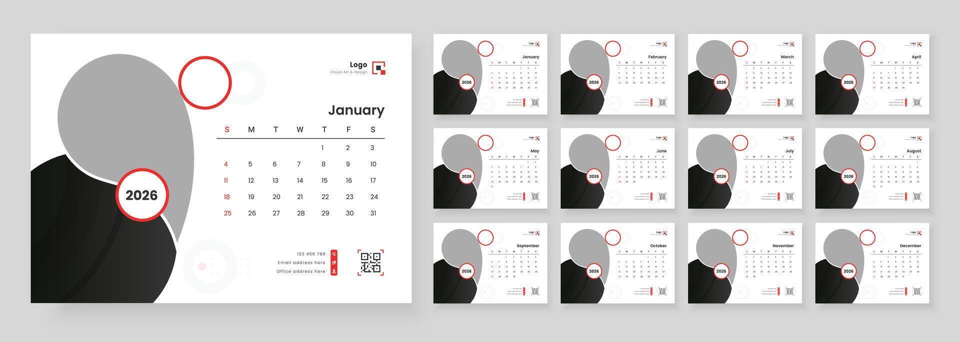 2026 Calendar Planner Set of Template Monthly Page. Minimalist desk calendar 2026 template. Week Starts on Sunday. vector