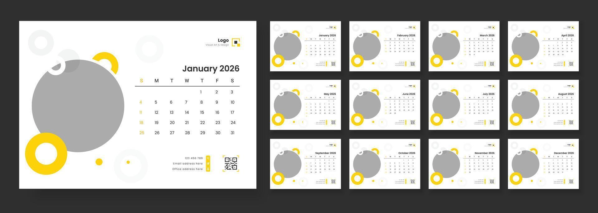 Minimalist desk calendar 2026 template, Desk Calendar Template 2026, Desk calendar with week start Sunday for print. vector