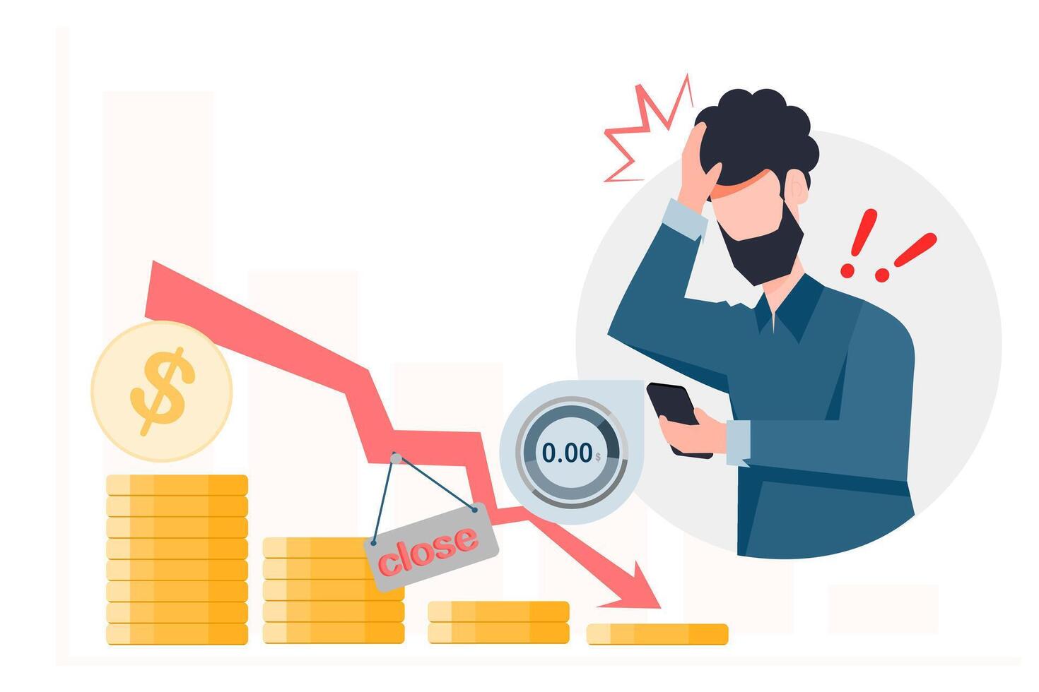 a young businessman looks down at his smartphone with a shocked expression as he sees a notification showing a zero bank balance, indicating the impact of a business downturn. vector