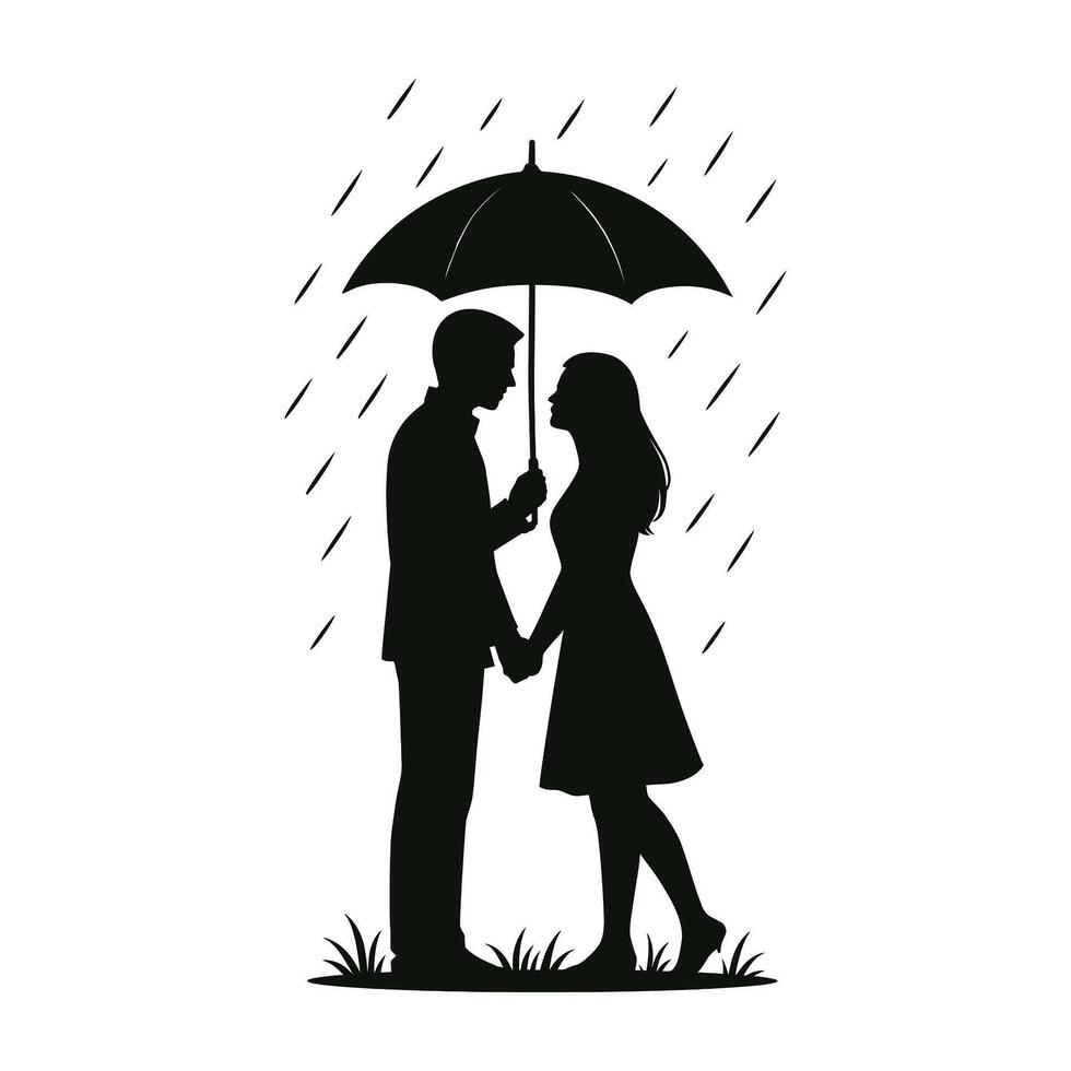 Couple Under Umbrella Silhouette in the Rain vector