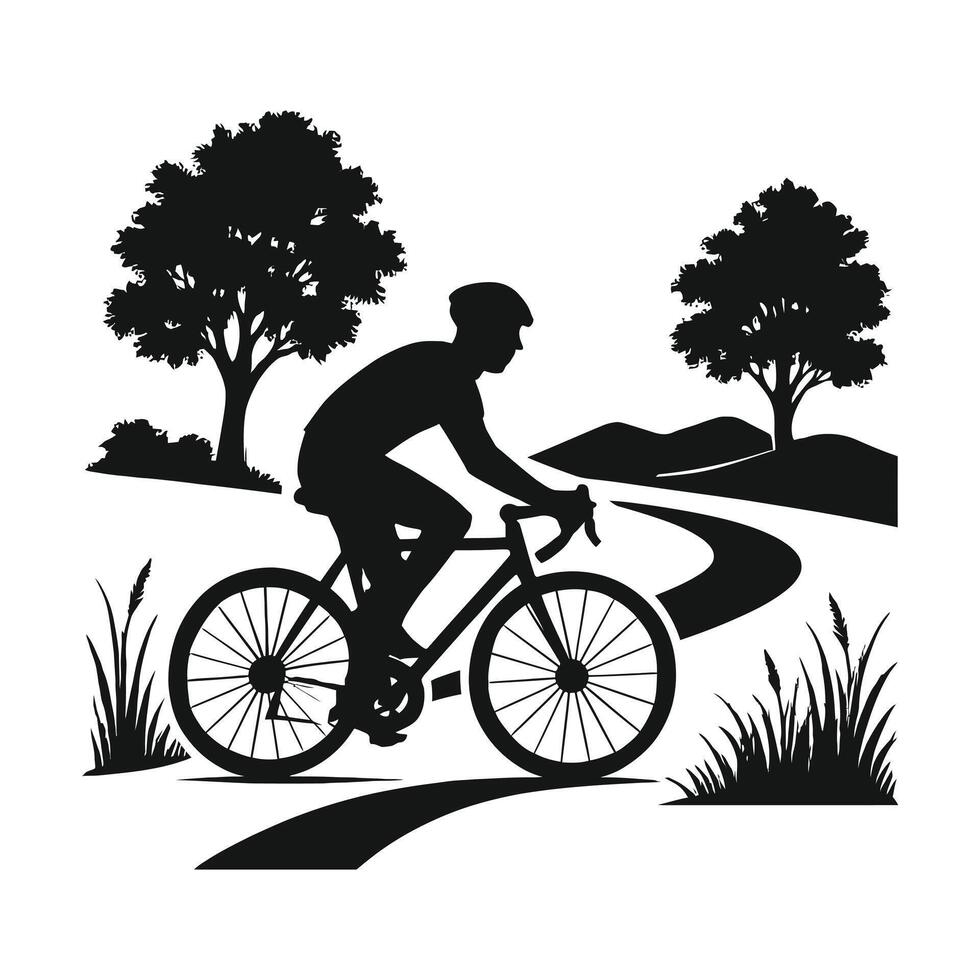 Cyclist Riding on Winding Path Through Nature Silhouette vector