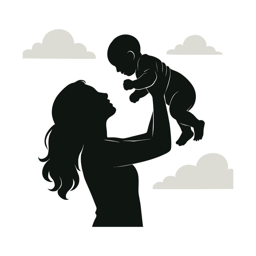 Mother and Baby Silhouette in Soft Cloudy Sky vector