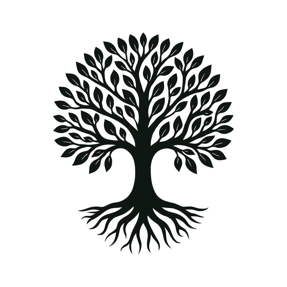 Stylized Tree of Life Silhouette with Leaves and Roots vector