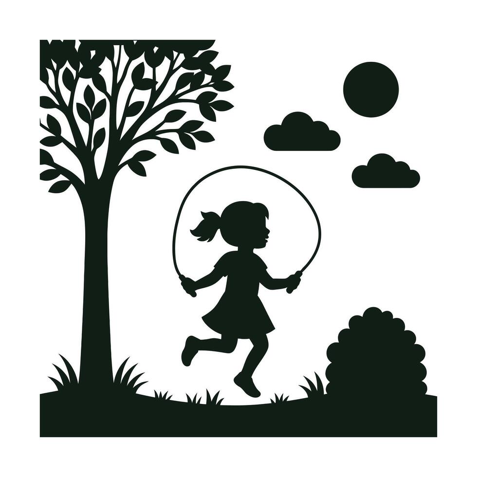 Child Playing with Jump Rope Silhouette Under a Tree vector