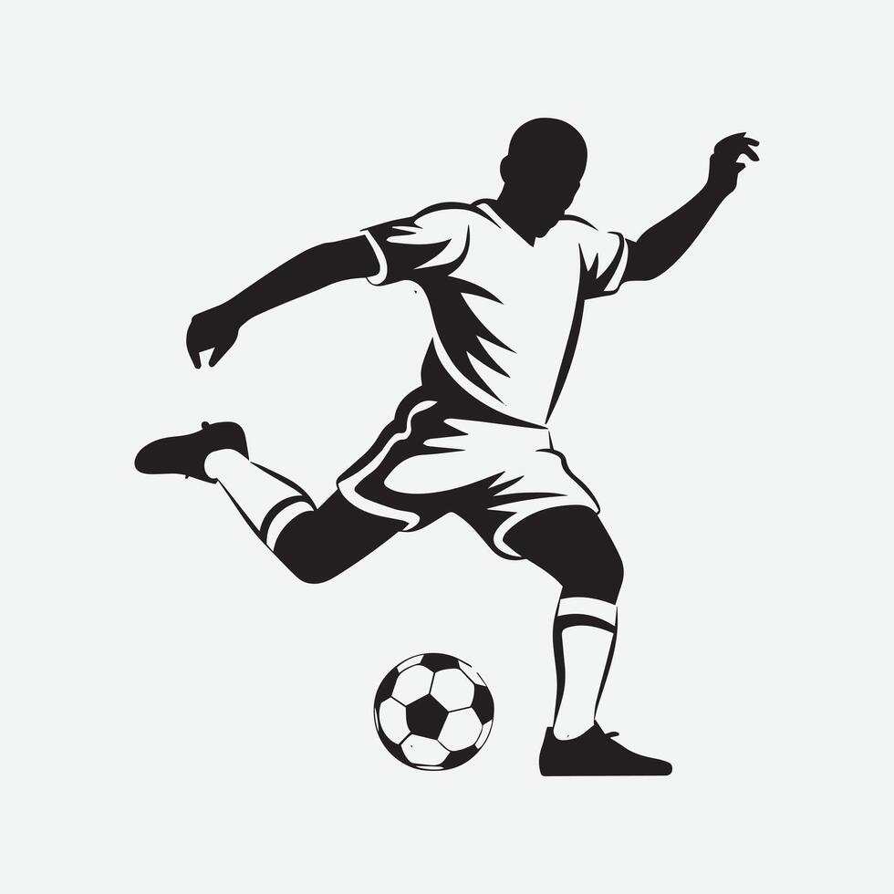 Soccer Player Kicking Ball, Silhouette in Action, Black and White Soccer Illustration vector