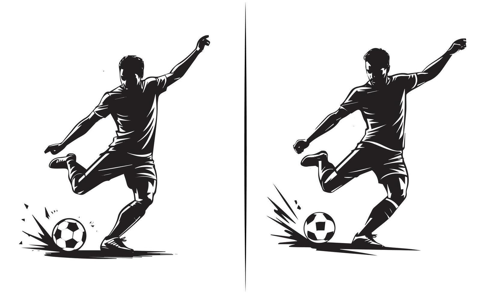 Silhouette of Soccer Player Kicking Ball, Dynamic Action Illustration in Black and White vector