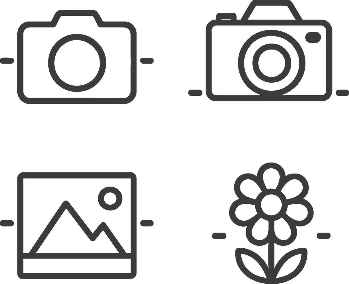illustration featuring line icons of camera, photography, and floral elements in minimalist style with clear outlines vector