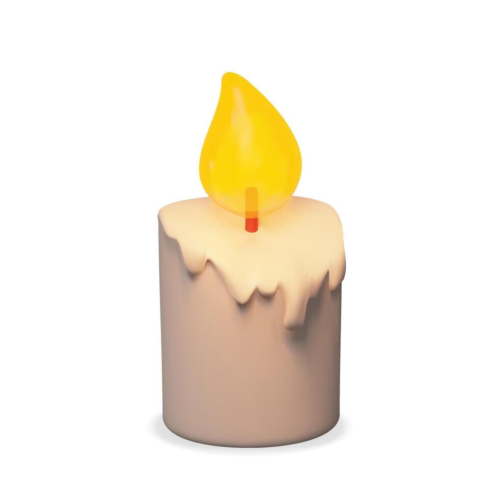 3D candle with soft glowing flame and wax drips. Three-dimensional holiday decor, religious events, birthdays, spa, meditation, or Halloween and celebration-themed designs. vector