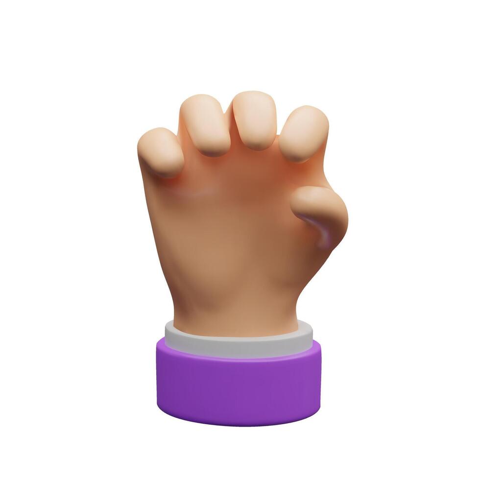 A 3D cartoon-style clenched hand in a gesture designed to hold or grab objects. Perfect UI elements, app icons, mobile games, digital interfaces, mockups, and playful three-dimensional illustrations. vector