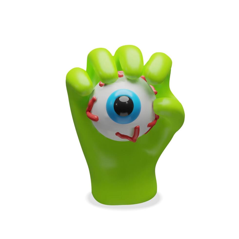 3D green monster hand holding a bloodshot eyeball. Funny and creepy icon for Halloween-themed projects, party decorations, posters, and clipart collections. Isolated on white background. vector