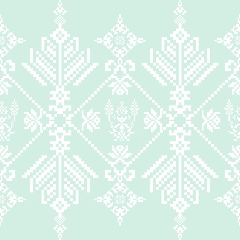 Mint Green Thai Pixel Art Pattern. Pastel Minimal Folk Seamless Design. Designed for fabric, wrapping, or lifestyle products with a light and modern ethnic touch. vector