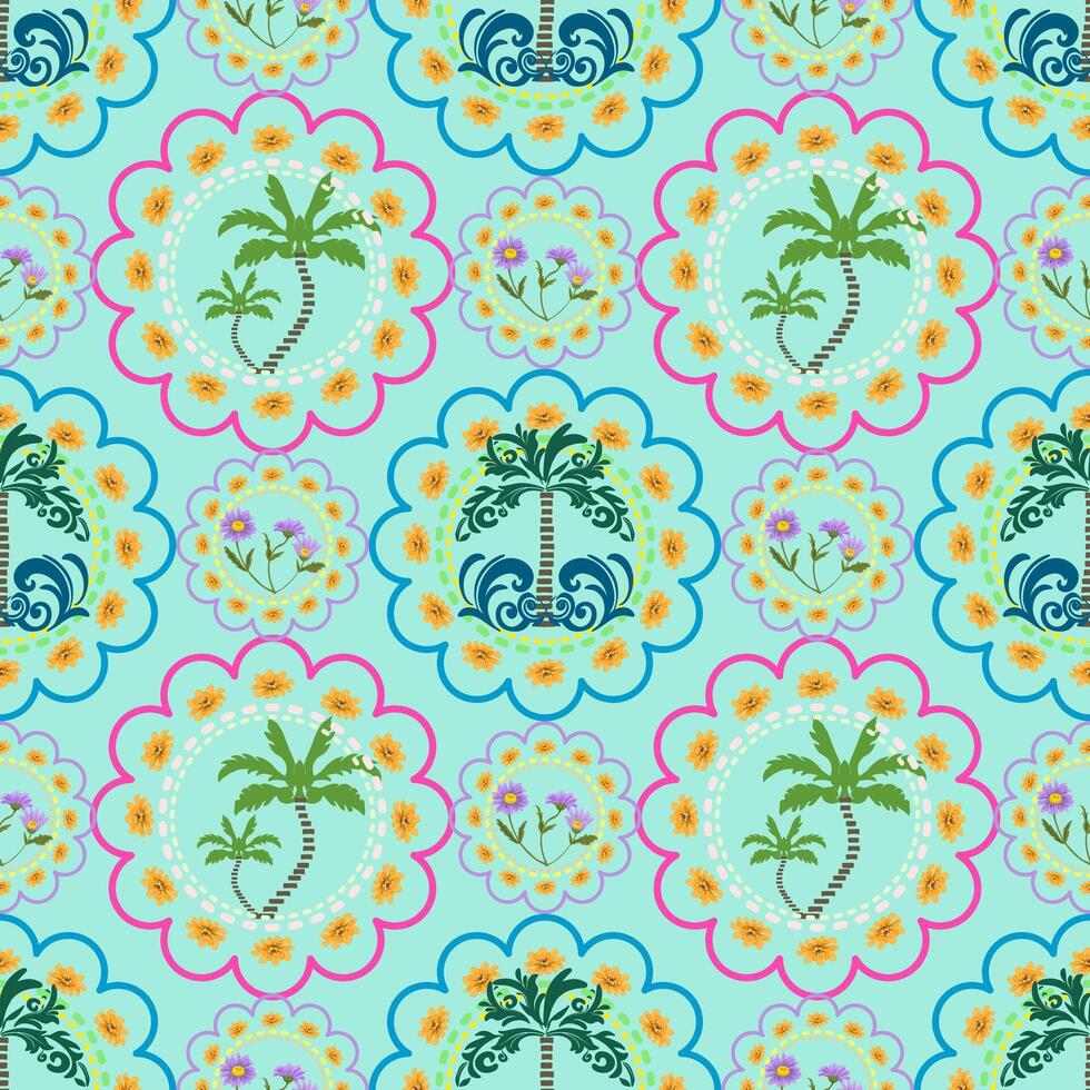 Tropical Palm and Floral Seamless Pattern. Bright Island Vibes. tropical palm trees and floral motifs in circular layouts. Great for summer projects, beach themes, and fabric design. vector