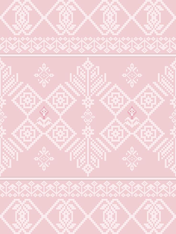 Soft Pink Thai Pixel Seamless Pattern. Minimal Folk Floral Design. A gentle blend of tradition and modern aesthetics, ideal for fabric design, wedding prints, and feminine branding. vector