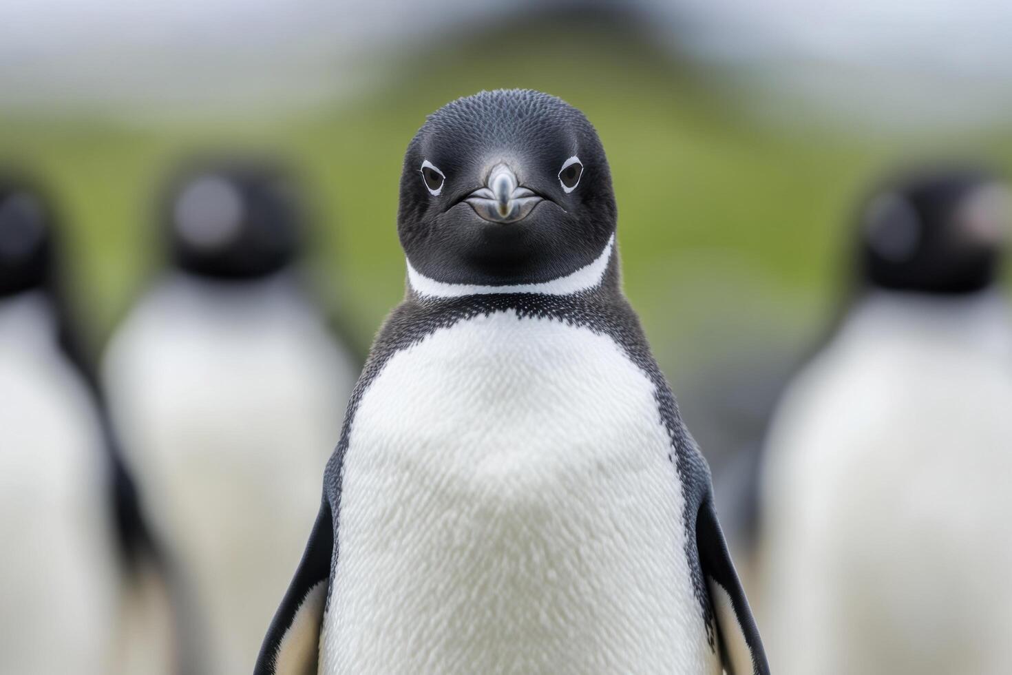 of a curious penguin, standing out from the crowd. A captivating wildlife image showcasing the beauty of nature and the unique charm of these flightless birds. Discover the wonders of the Antarctic. photo