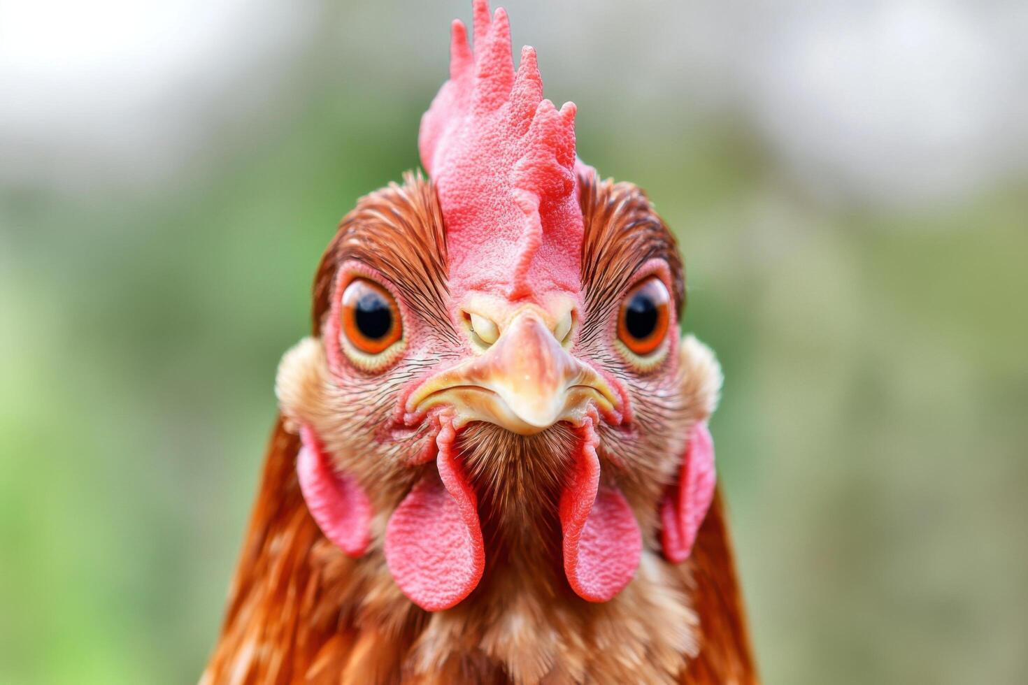 Portrait of a Hen A Captivating Look at a Farm Bird. This detailed image showcases the intricate features of a hen, from its vibrant comb to its expressive eyes. photo
