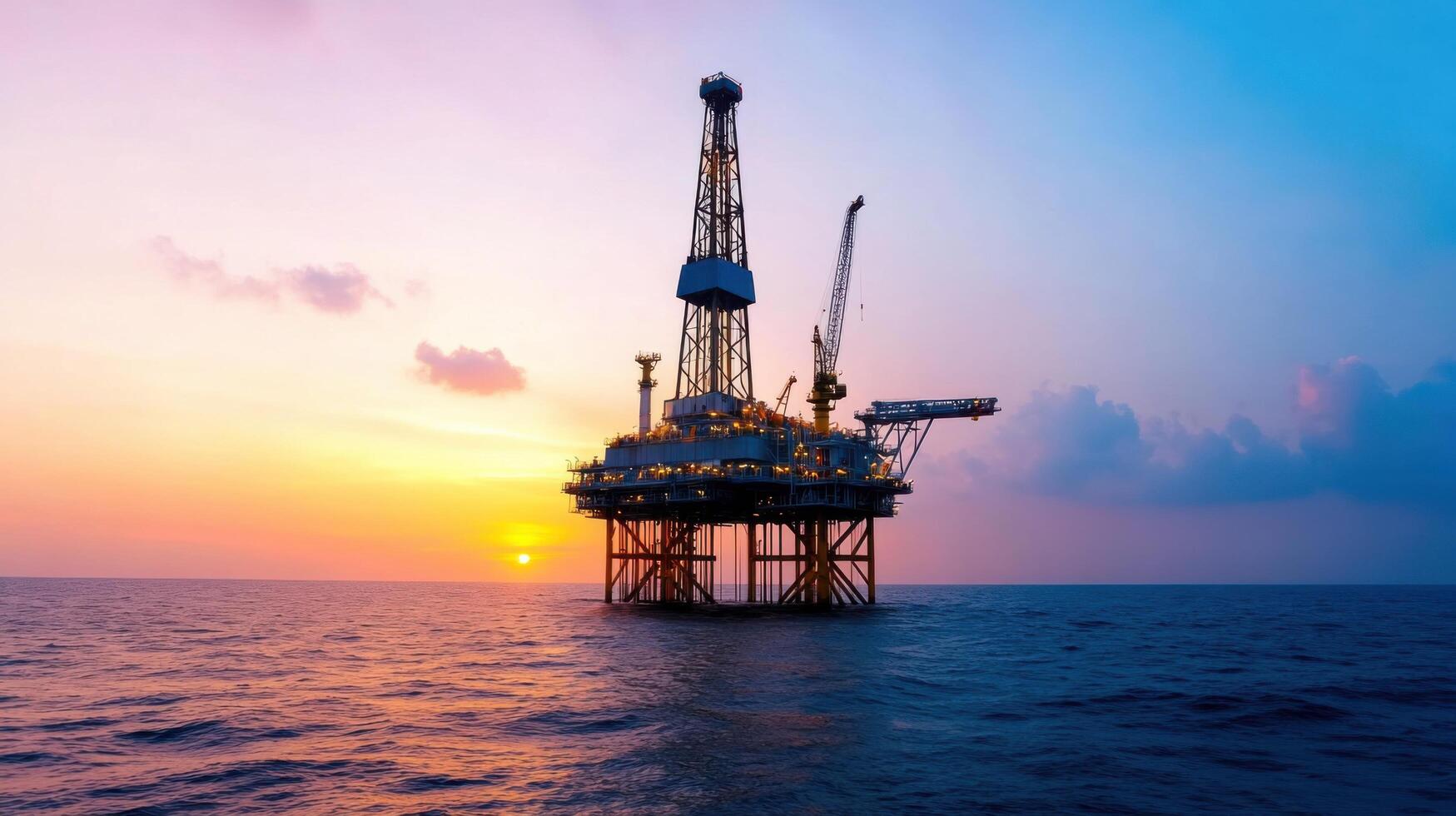 Offshore Oil Rig at Sunset A Stunning View of Industrial Maritime Operations in the Ocean. The image depicts a large offshore oil photo