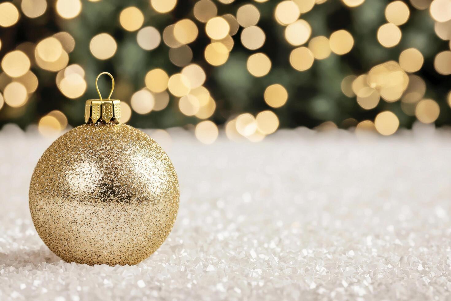 Sparkling Gold Christmas Ornament on Glittering Snow. Festive Holiday Decoration, New Year Celebration, Winter Magic, Merry Christmas, Happy New Year photo
