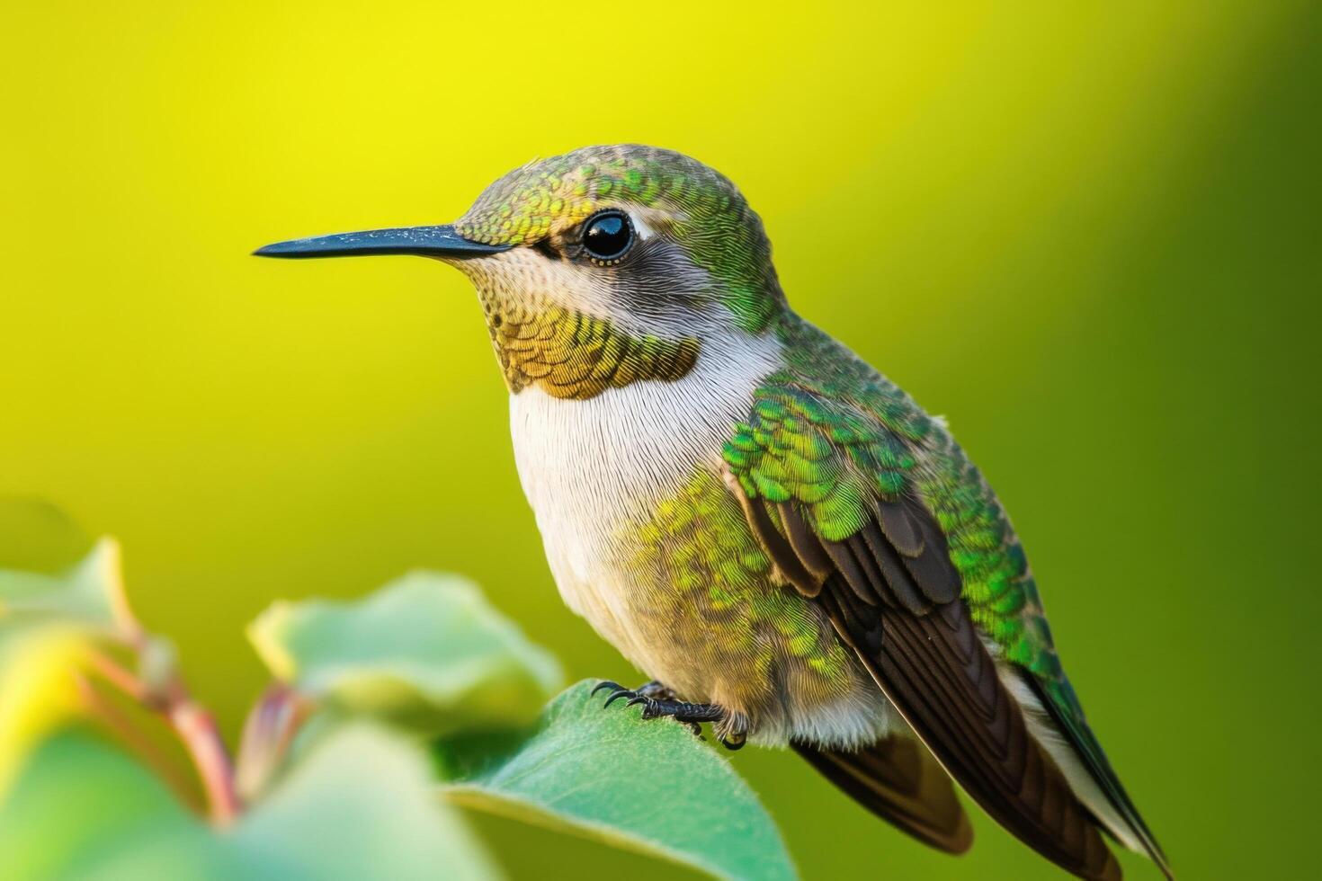 of a Vibrant Hummingbird in a Garden Setting. The tiny bird's green feathers and bright colors are showcased against a soft green background. A perfect image for nature lovers and bird enthusiasts. photo