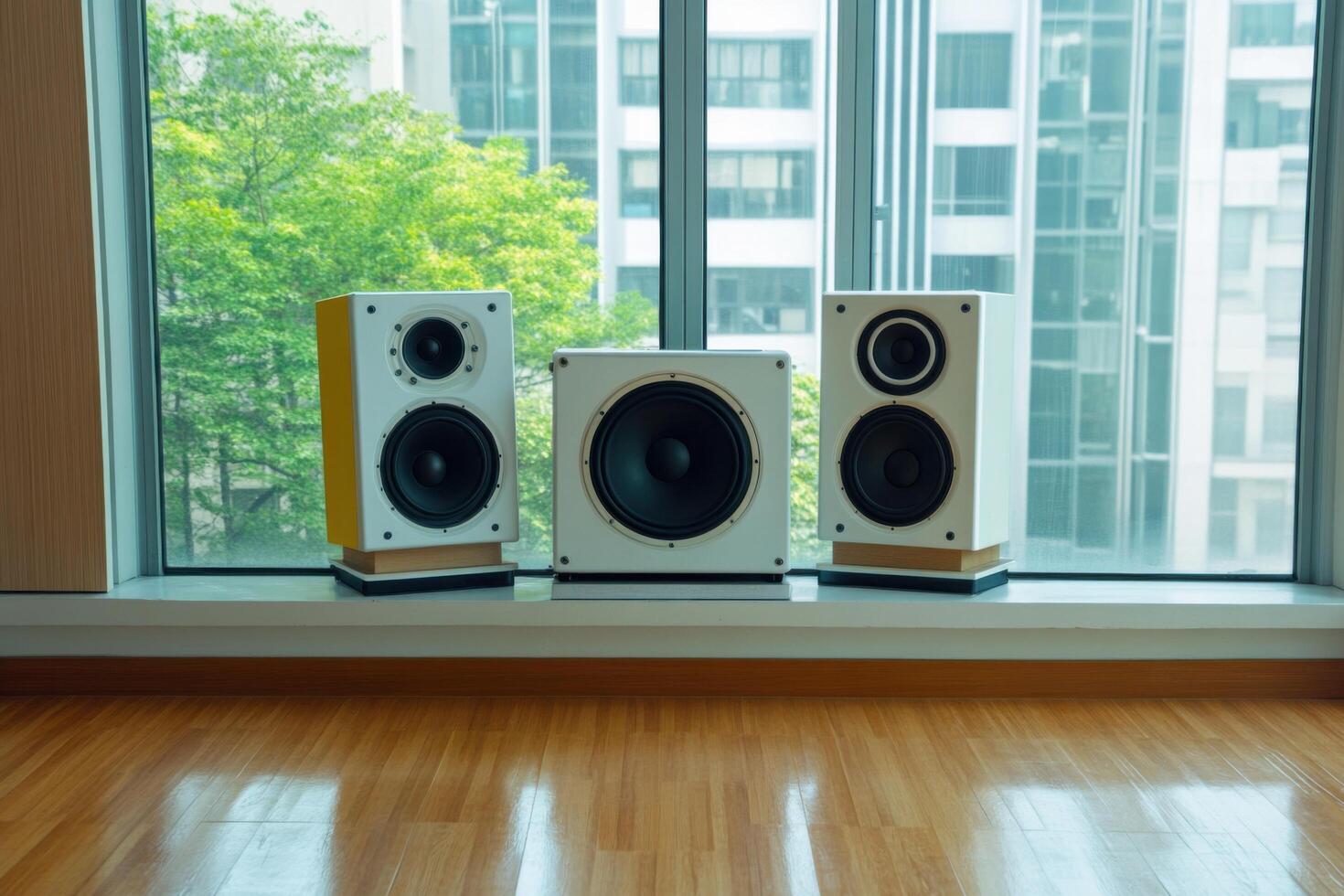High Fidelity Speaker System Modern Audio Setup in a Stylish Home with City Views. Enjoy immersive sound quality with this home theater system. Perfect for music lovers and audiophiles. photo